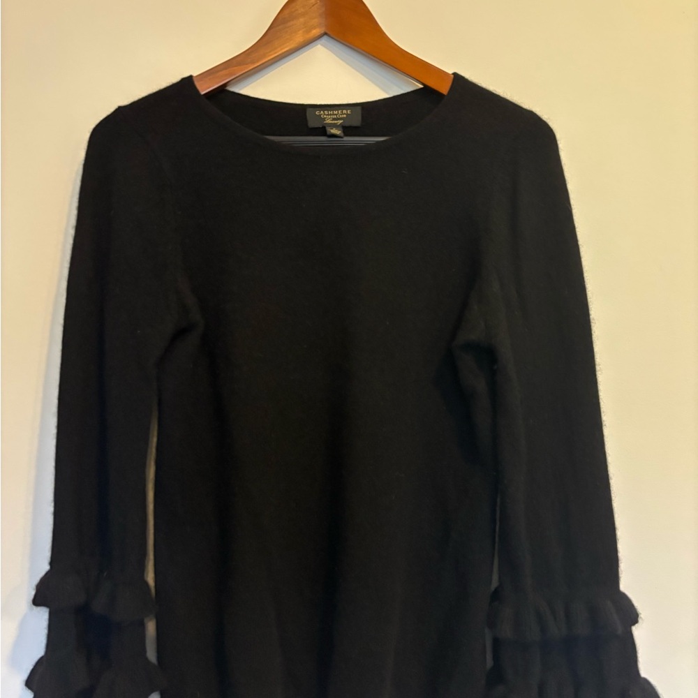 Charter Club Black Long Sleeve 100% Cashmere Sweater with Ruffle Accents